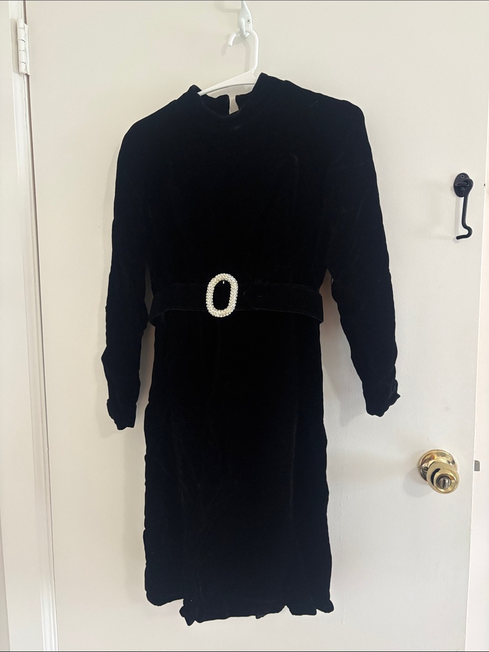 Vintage 60s Black Velvet Long Sleeve Dress with Rhinestone Belt Small